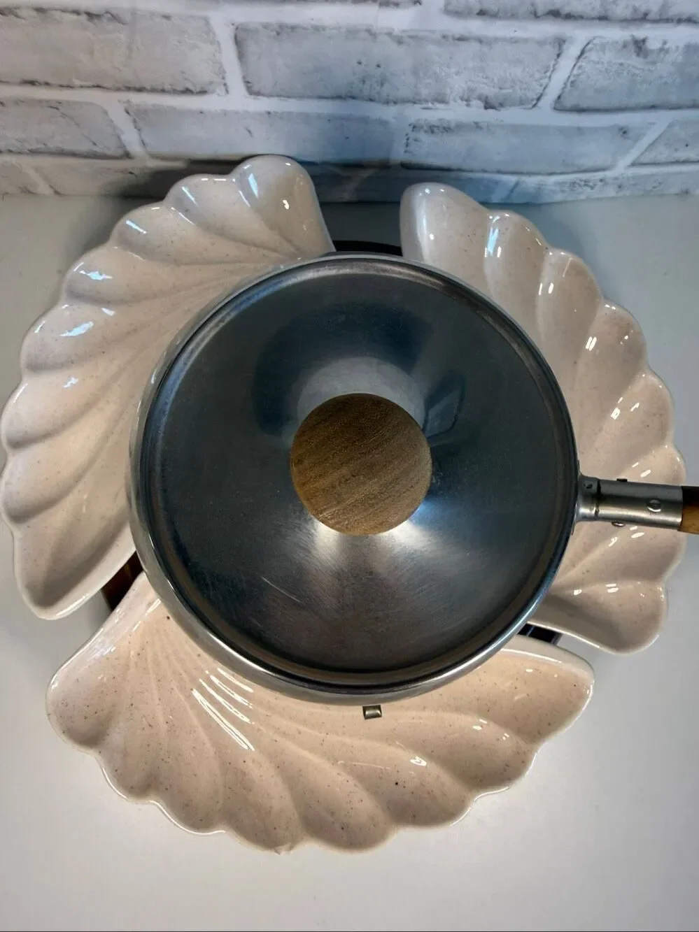 Mid Century Modern Stainless Steel Fondue Set with Lane Ceramic Dishes